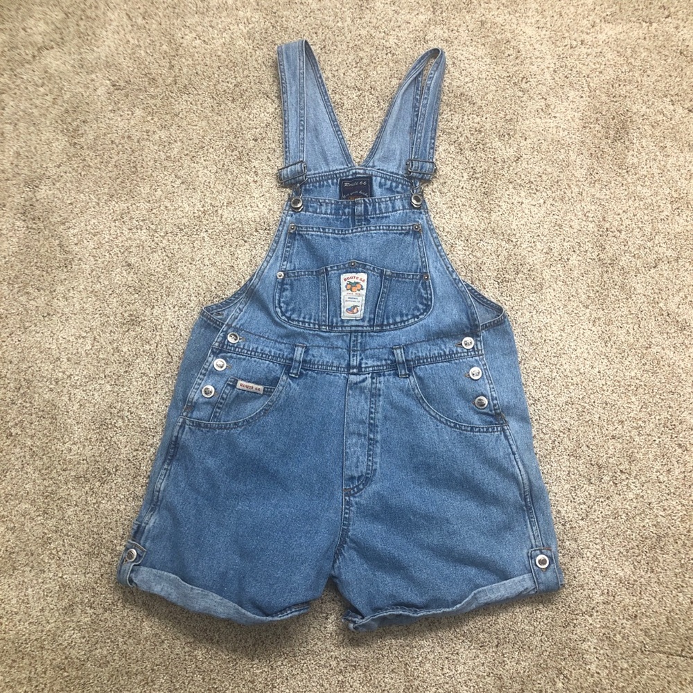 Route 66 Light Blue Denim Short Overalls. Front Bib Pocket with Patch M